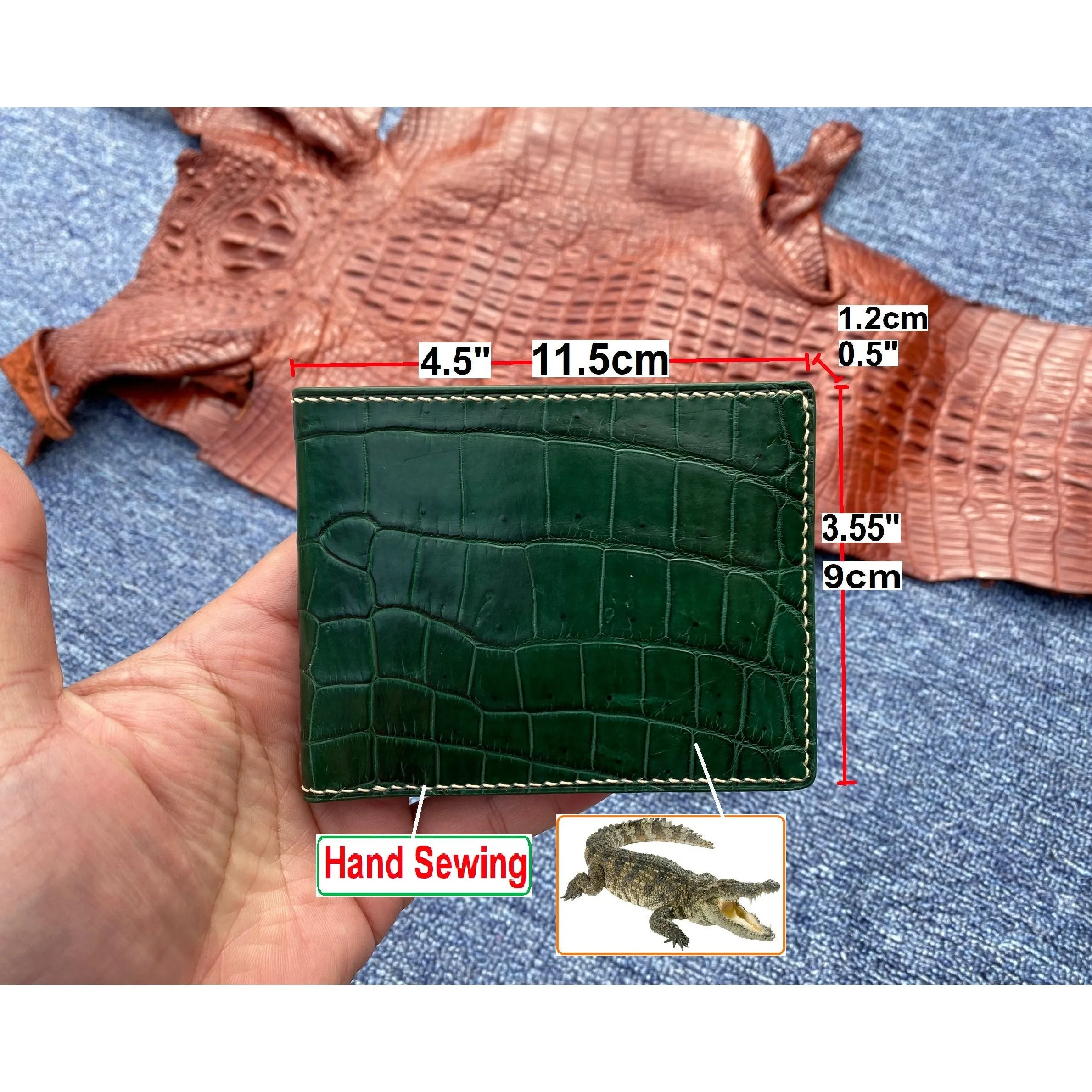 Hand Stitching Slim Green Alligator Bifold Wallet RFID Blocking | VINAM-87