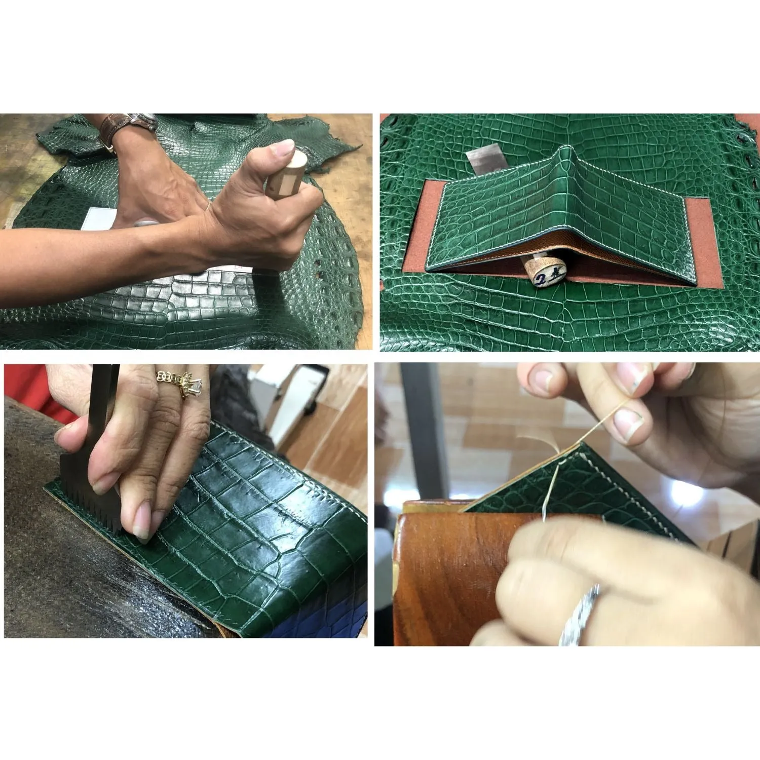 Hand Stitching Slim Green Alligator Bifold Wallet RFID Blocking | VINAM-87