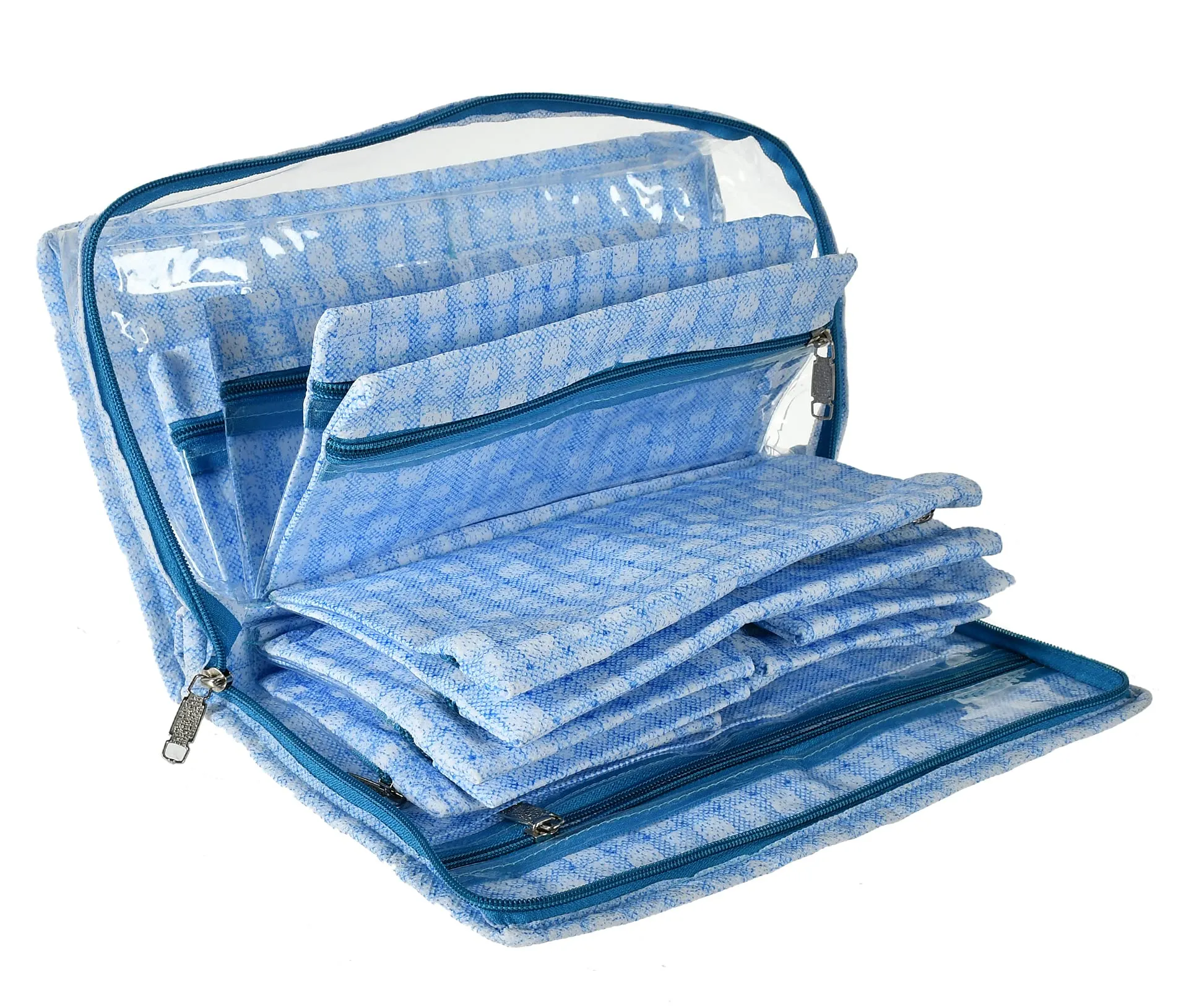 Heart Home Check Design Laminated PVC Multipurpose Jewellery Storage Bag/Travel Kit With 13 Tranasparent Pouches (Blue)-HS_38_HEARTH21258