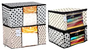 Heart Home Polka Dot Design 2 Piece Non Woven Saree Cover And 2 Pieces Underbed Storage Bag, Storage Organiser, Blanket Cover, Cream & White - CTHH24215