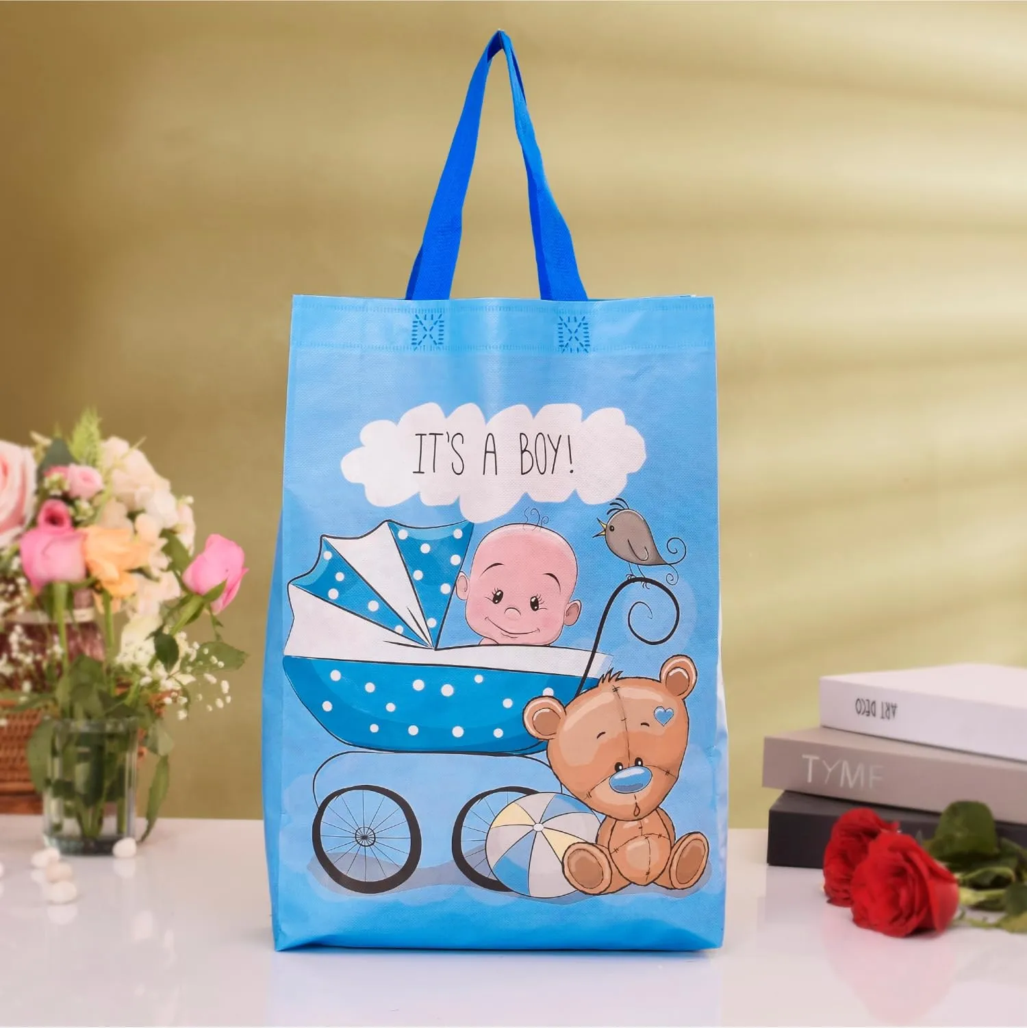 Heart Home Shopping Bag | Non-Woven Gift Bag | Baby Shower Bag | Reusable Grocery Bag | Christmas Gift Bags | Tote Bags with Handle | Boy-Print Hand Bag | Pack of 4 | Sky Blue