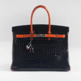 HERMÈS - BIRKIN 35 LIMITED EDITION HANDBAG IN BLACK AND ORANGE SHINY POROSUS CROCODILE WITH RUTHENIUM HARDWARE