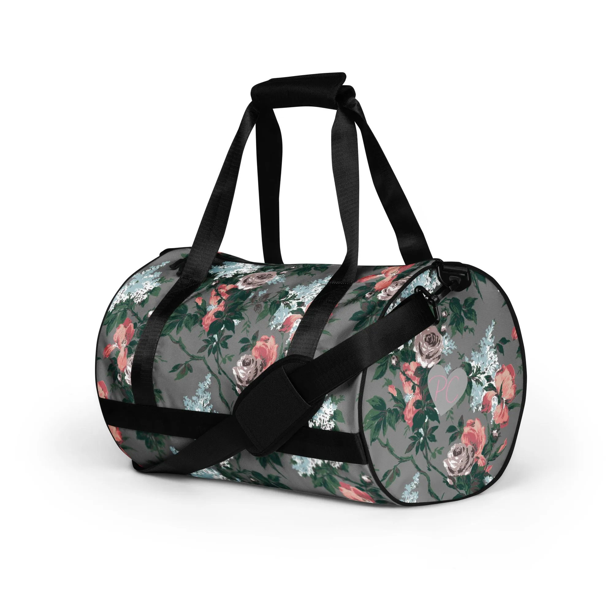 Hillary Overnighter Carry On Workout Duffle Bag in Grey Bella Roses | Pinup Couture Relaxed