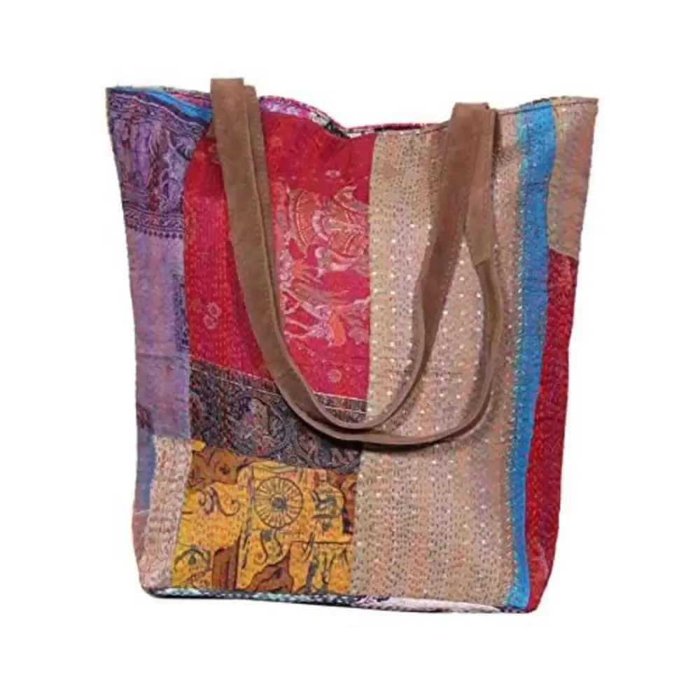 IndiWeaves Womens Silk Kantha Work Leather Handle Handmade Tote Bag White/Red/Yellow