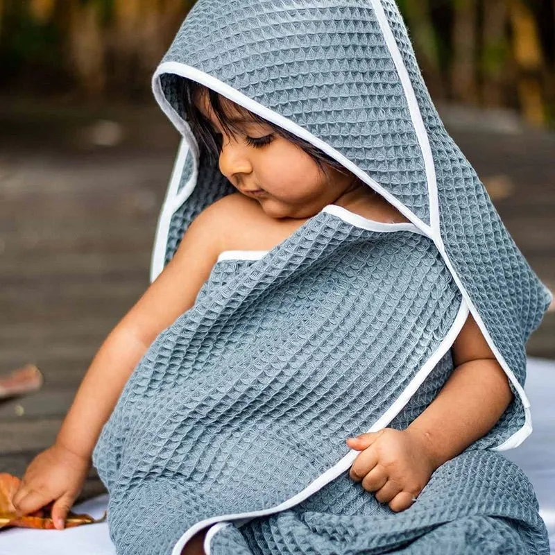 Kids Organic Cotton Waffle Hooded Towel Set - Grey