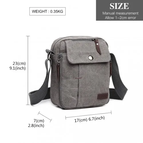 Kono Multi Pocket Cross Body Shoulder Bag - Grey | Premium Quality Canvas, Spacious & Durable