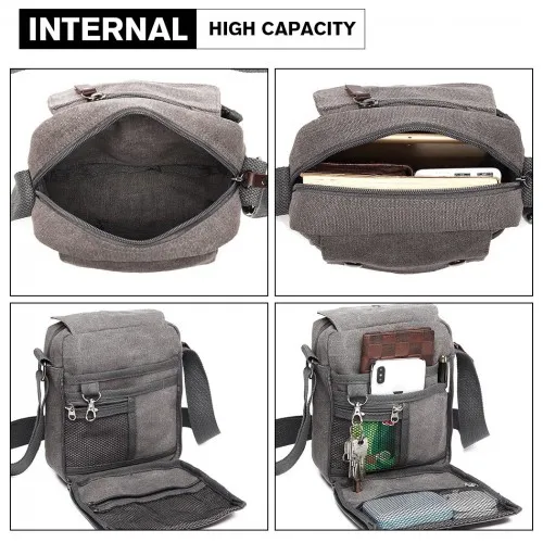 Kono Multi Pocket Cross Body Shoulder Bag - Grey | Premium Quality Canvas, Spacious & Durable