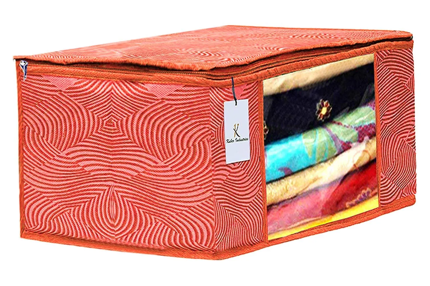 Kuber Industries Leheriya Printed 4 Piece Non Woven Saree Cover and 4 Pieces Underbed Storage Bag, Storage Organiser, Blanket Cover, Orange & Blue -CTKTC42412