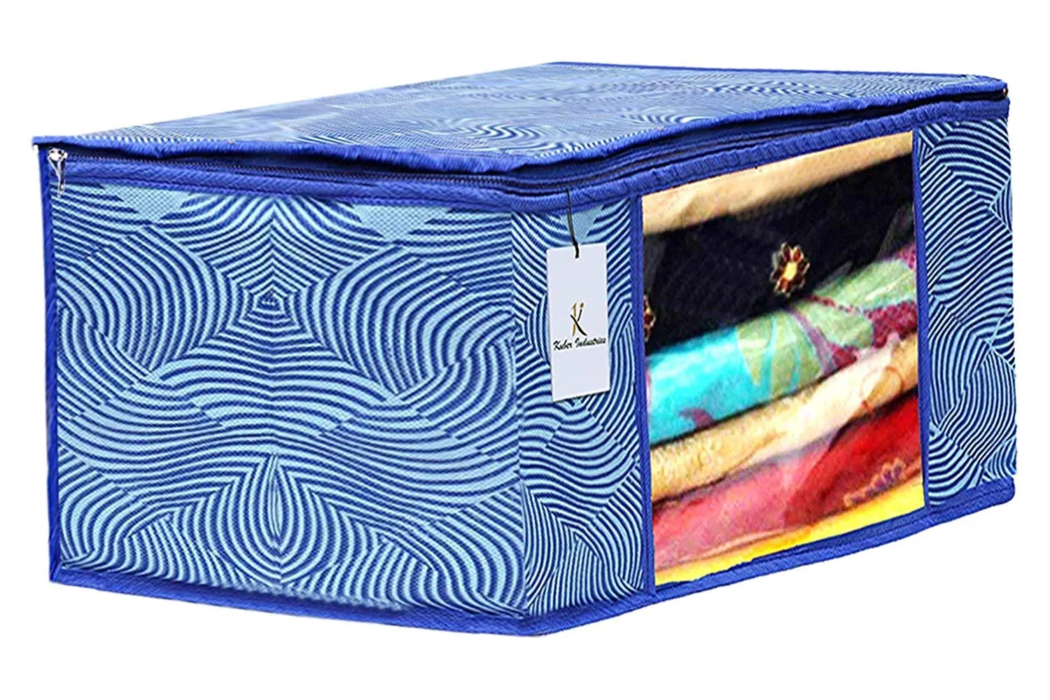 Kuber Industries Leheriya Printed 4 Piece Non Woven Saree Cover and 4 Pieces Underbed Storage Bag, Storage Organiser, Blanket Cover, Orange & Blue -CTKTC42412