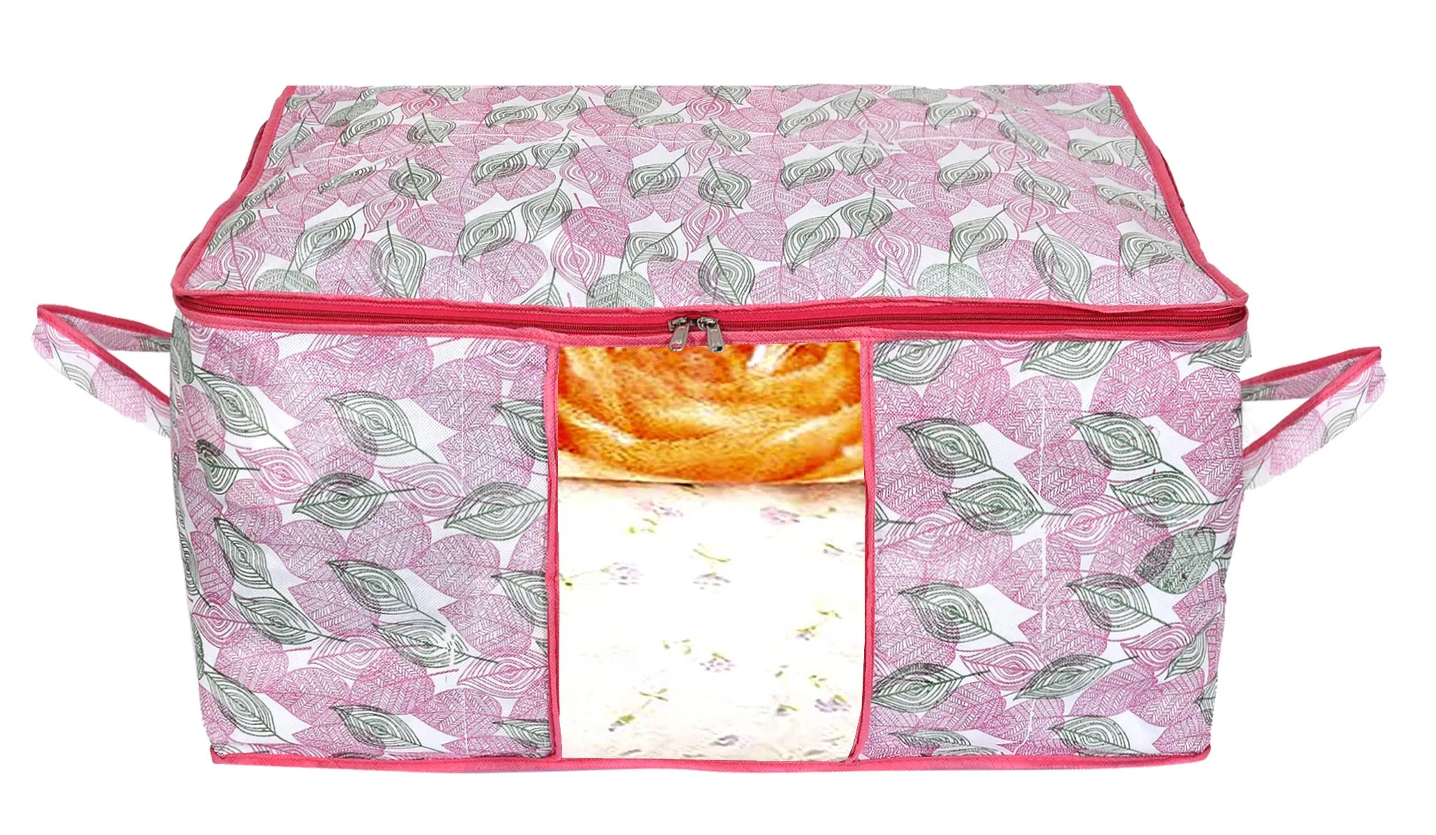 Kuber Industries Metalic Leafy Print Non Woven Saree Cover And Underbed Storage Bag, Storage Organiser, Blanket Cover (Set of 2,Pink)-KUBMART16687