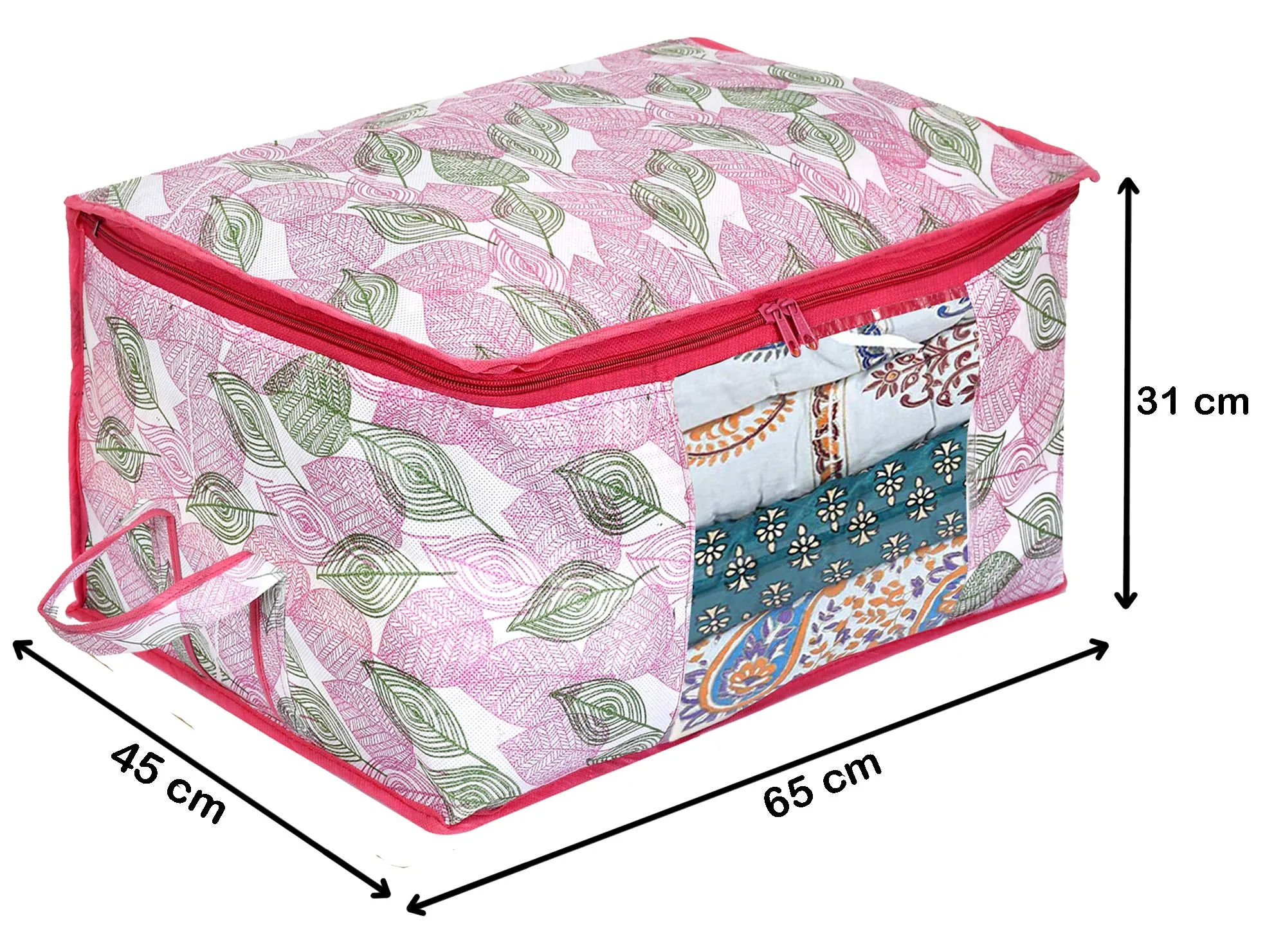 Kuber Industries Metalic Leafy Print Non Woven Saree Cover And Underbed Storage Bag, Storage Organiser, Blanket Cover (Set of 2,Pink)-KUBMART16687