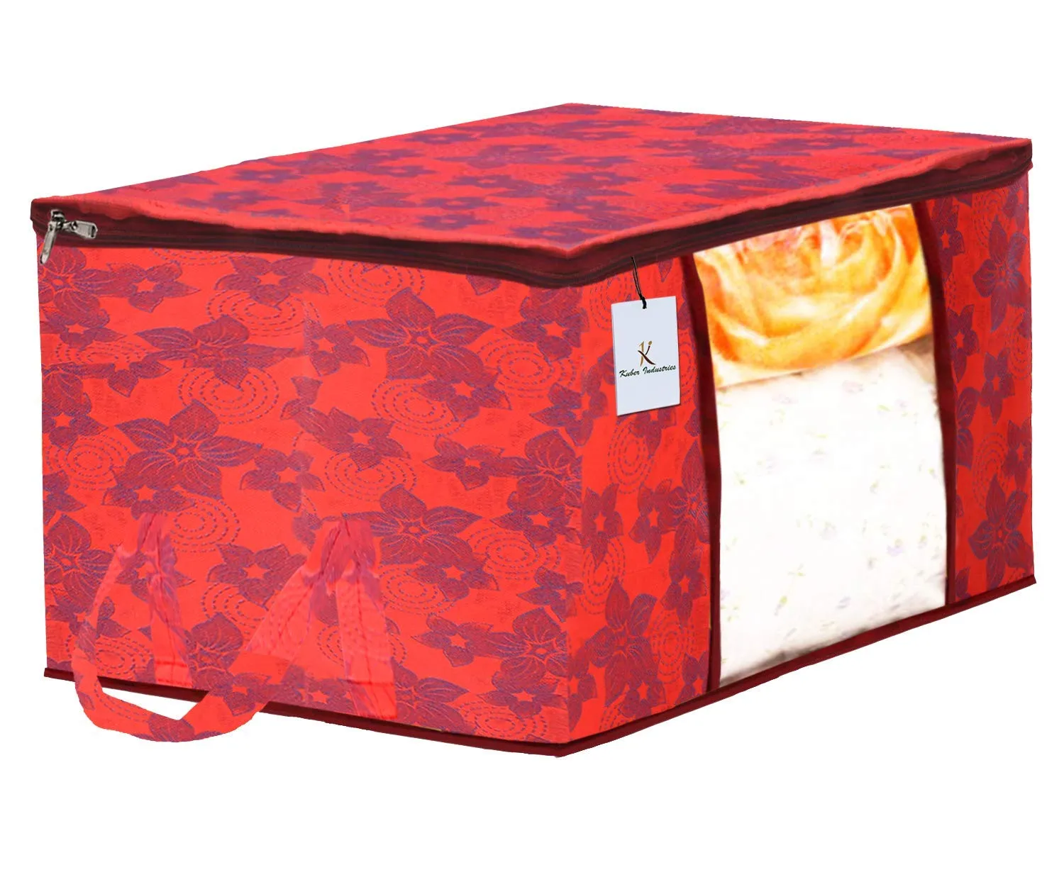 Kuber Industries Metalic Printed 2 Piece Non Woven Fabric Underbed Storage Bag,Cloth Organiser,Blanket Cover with Transparent Window, Ivory Red & Red -CTKTC41047