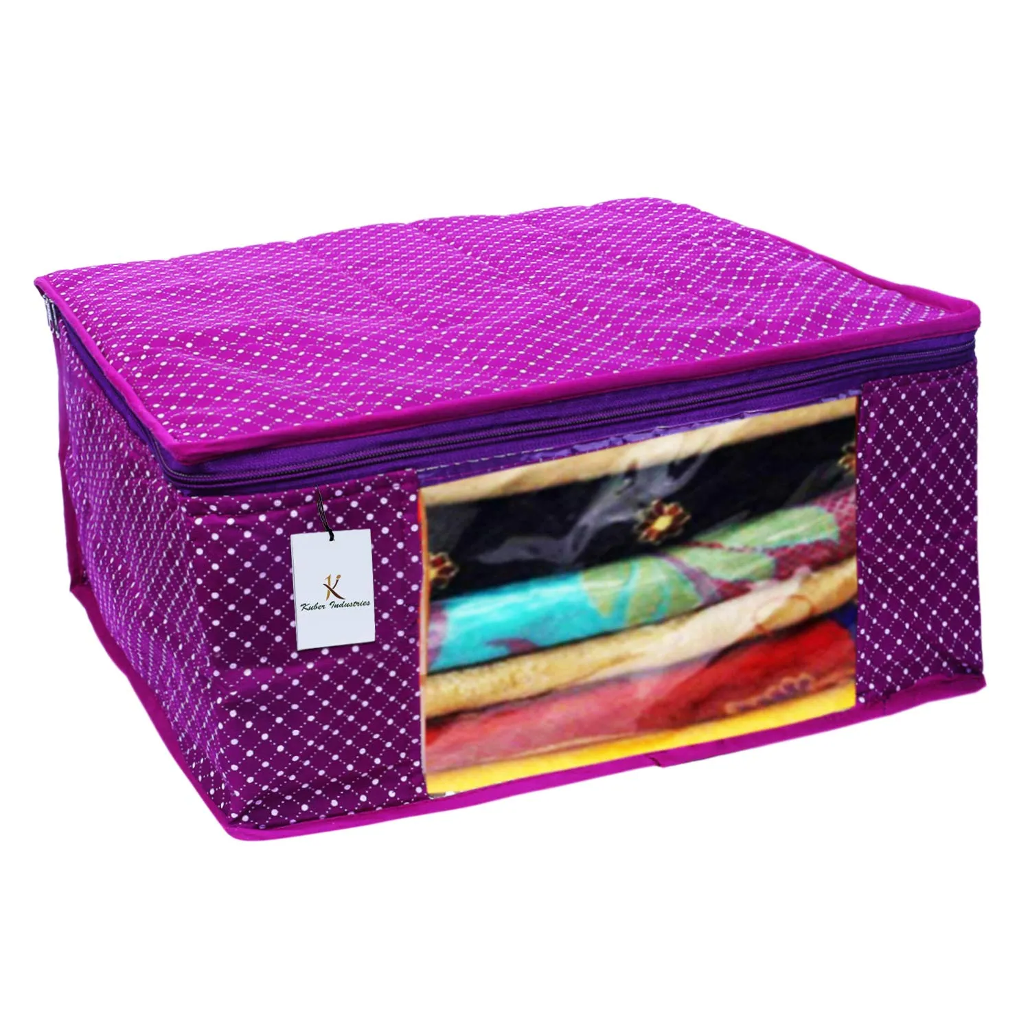 Kuber Industries Polka Dots 3 Piece Cotton 3 Layered Quilted Saree Cover, Purple-CTKTC21289