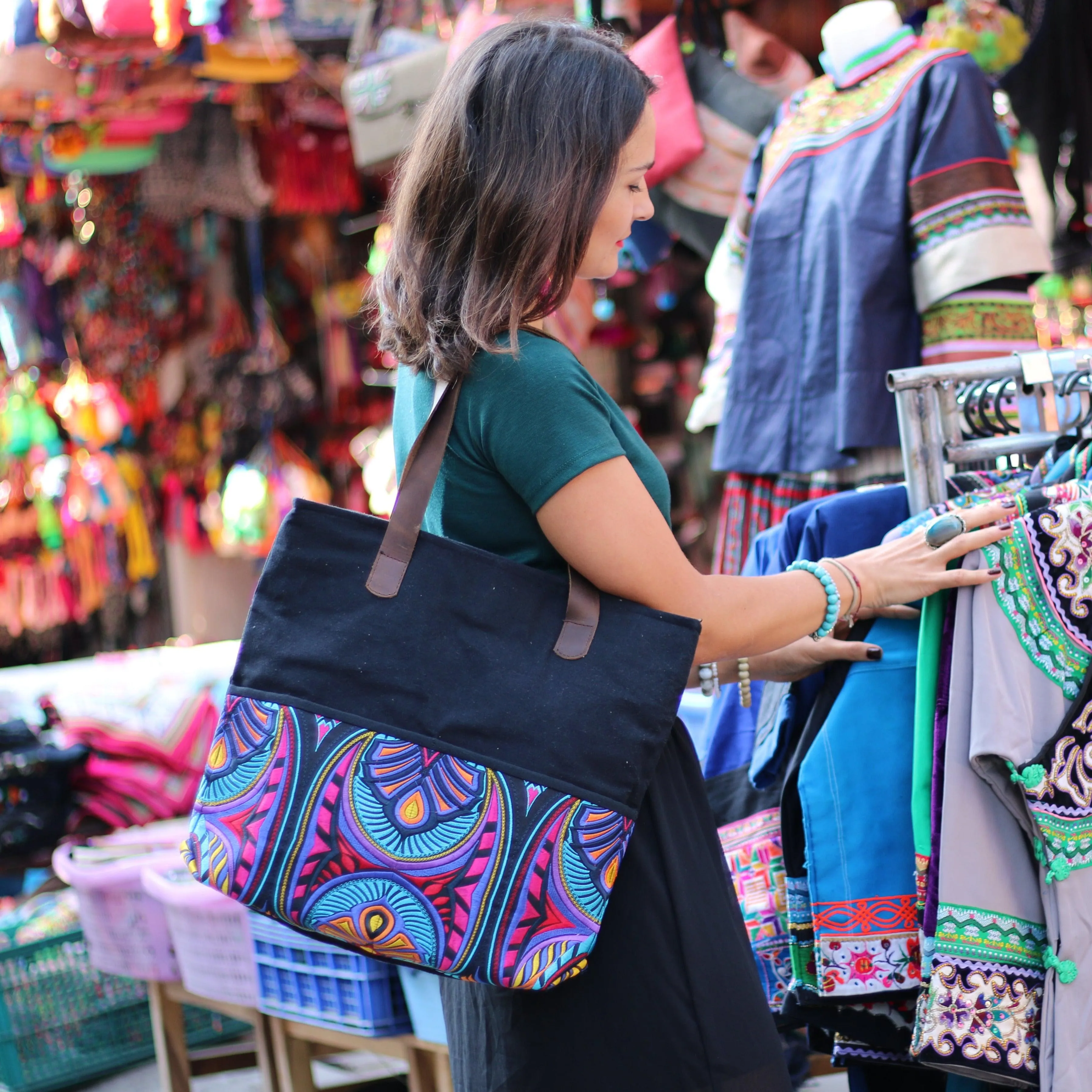 Leather Embroidered Hmong Tote - Thailand