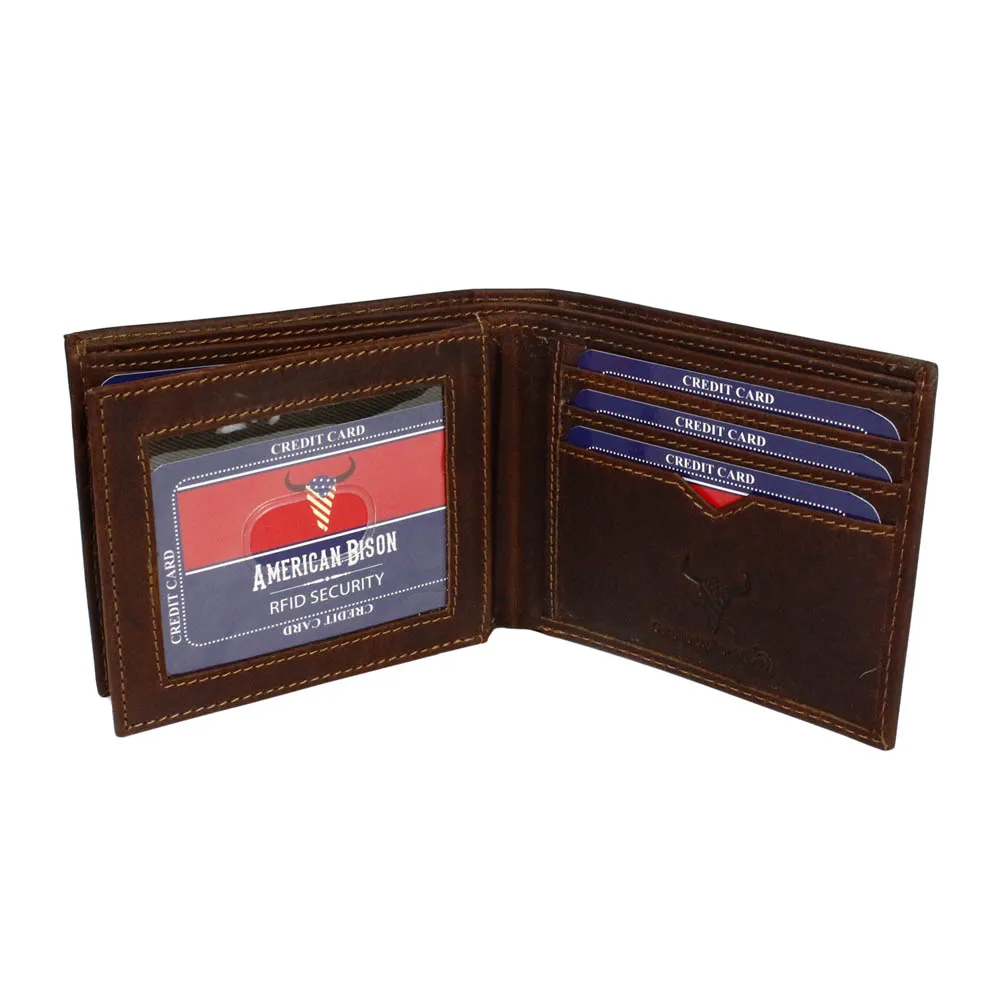 Leather Impressions RFID Hunter Leather Center Flap Bifold Wallet American Bison