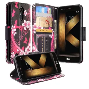 LG K10 (2018) Case, K30, Premier Pro, K10 Plus, Phoenix Plus, Xpression Plus, K10α, X4 Plus, X410, MS245, Slim Magnetic Flip Kickstand Wrist Strap Leather Wallet Cover - Heart Butterflies