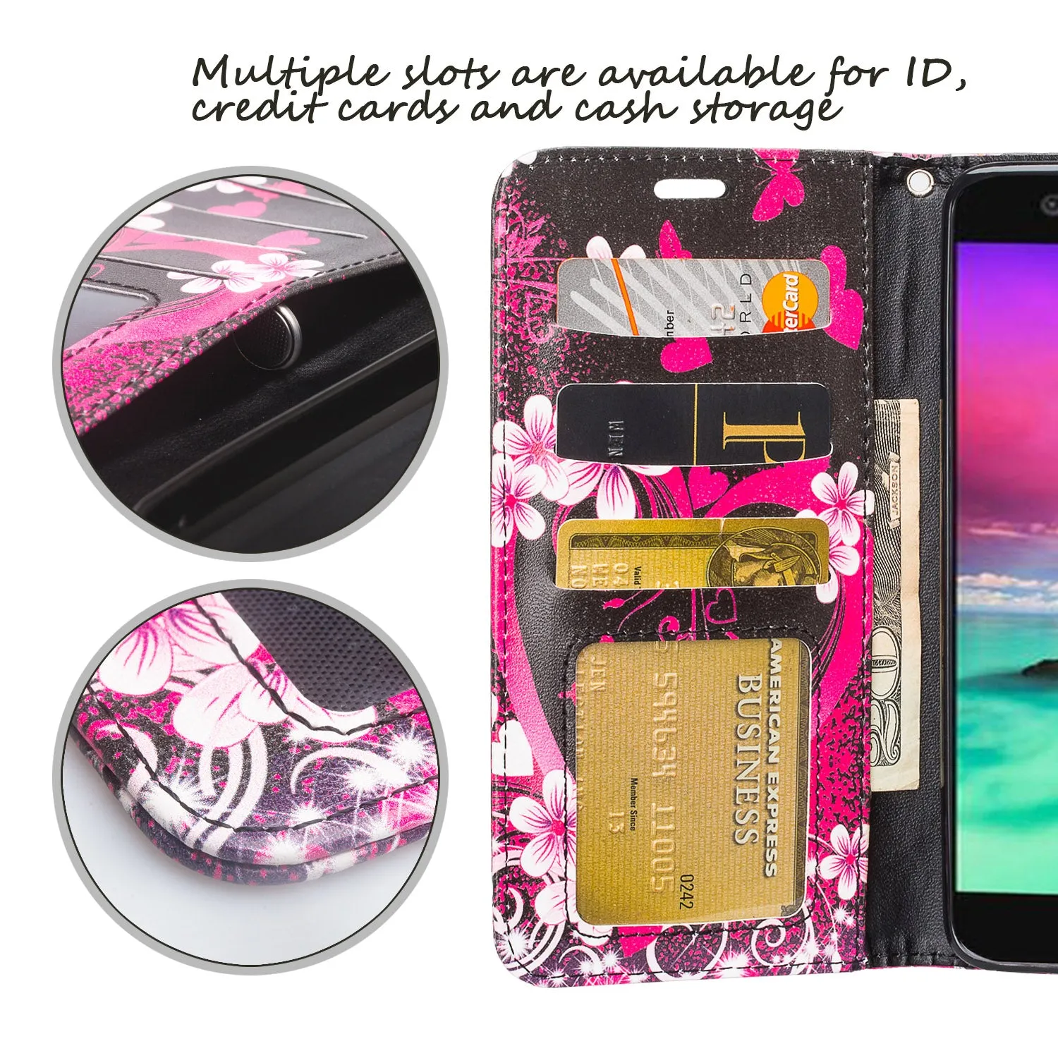 LG K10 (2018) Case, K30, Premier Pro, K10 Plus, Phoenix Plus, Xpression Plus, K10α, X4 Plus, X410, MS245, Slim Magnetic Flip Kickstand Wrist Strap Leather Wallet Cover - Heart Butterflies