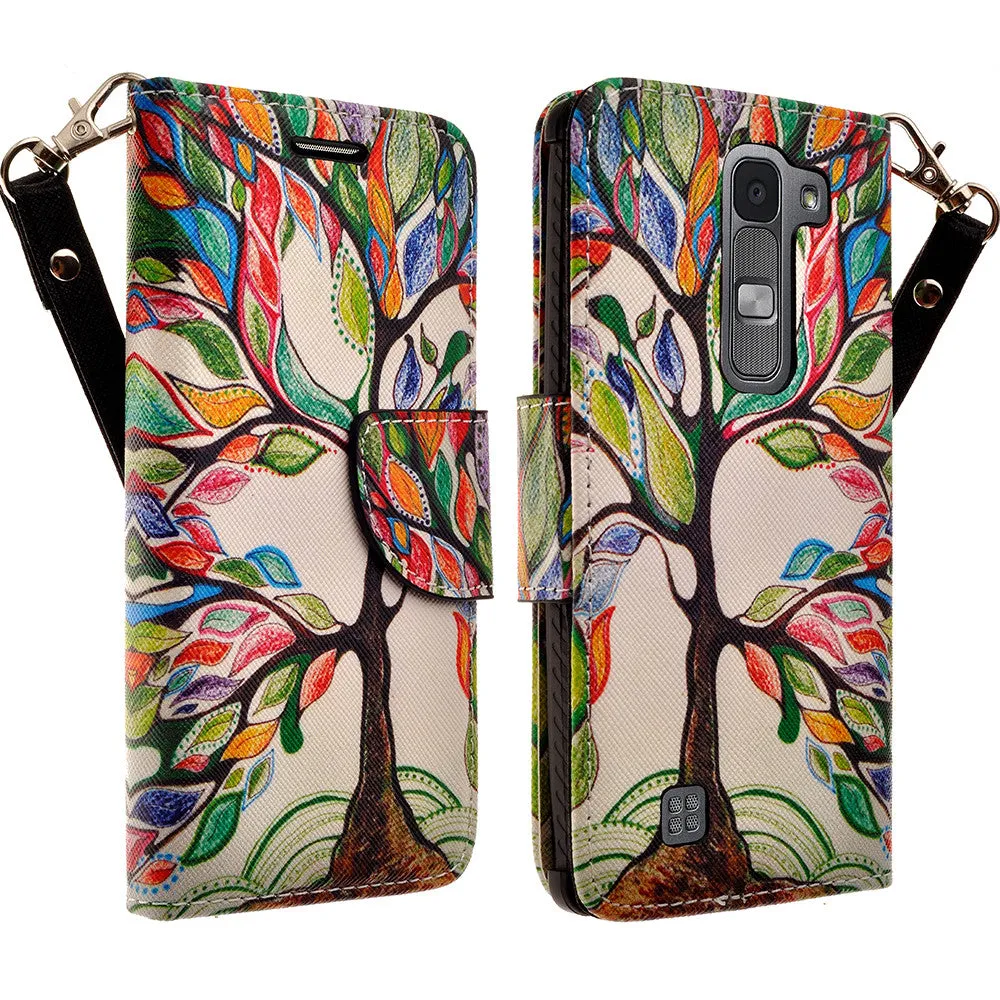 LG Volt2 Case,  LG LS751 Case Wrist Strap Pu Leather Magnetic Flip Fold[Kickstand] Wallet Case with ID & Card Slots for LG Volt2 - Colorful Tree