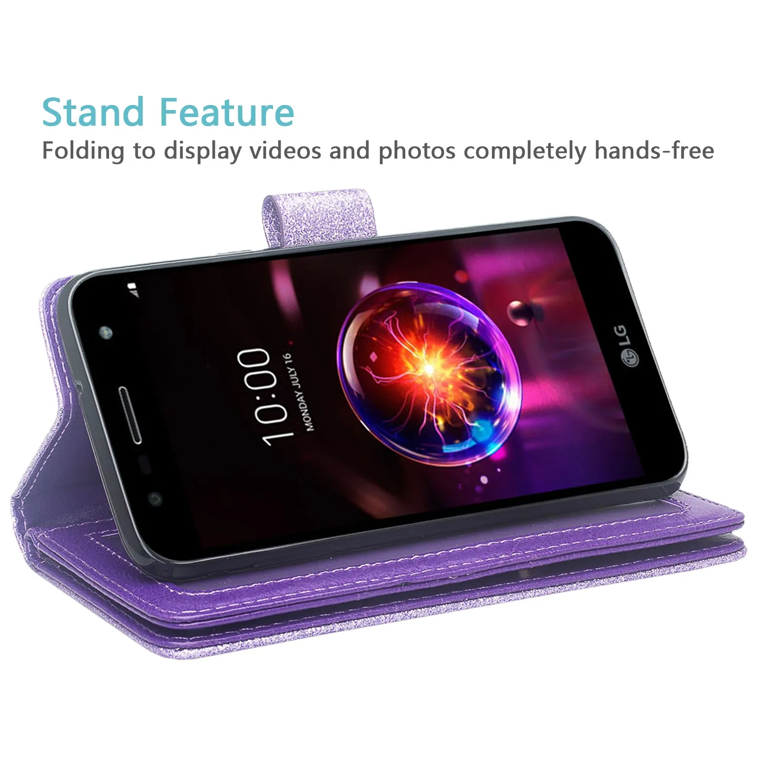 LG X Power 3 Case, X Power 3, [Wrist Strap] Glitter Faux Leather Flip [Kickstand Feature] Protective Wallet Case Clutch - Purple