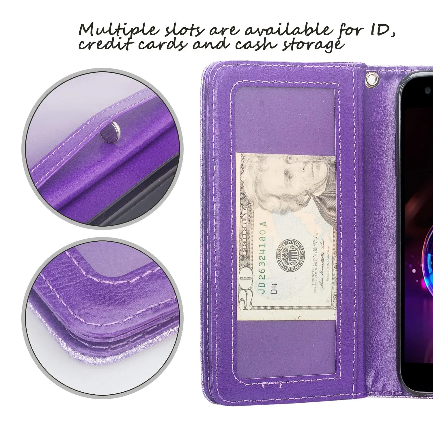 LG X Power 3 Case, X Power 3, [Wrist Strap] Glitter Faux Leather Flip [Kickstand Feature] Protective Wallet Case Clutch - Purple