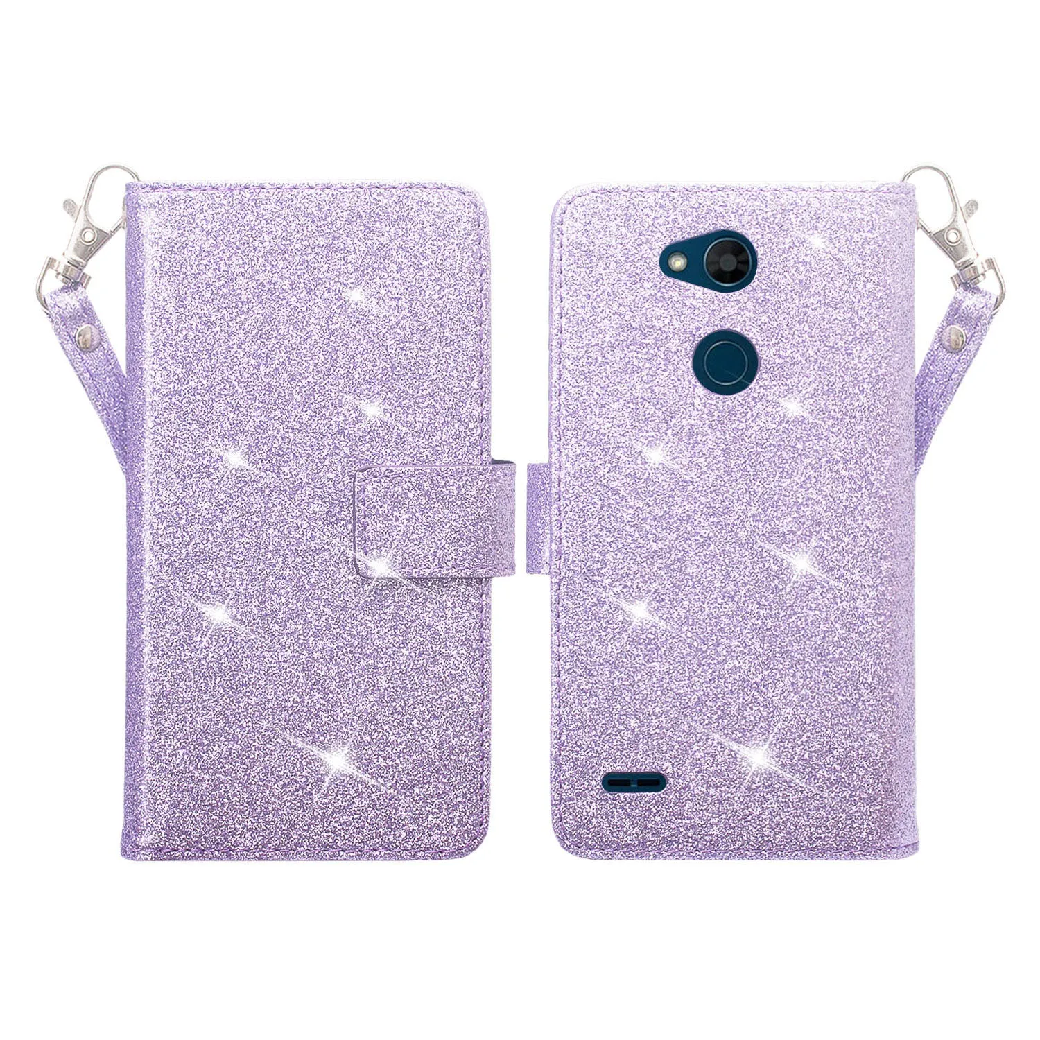 LG X Power 3 Case, X Power 3, [Wrist Strap] Glitter Faux Leather Flip [Kickstand Feature] Protective Wallet Case Clutch - Purple