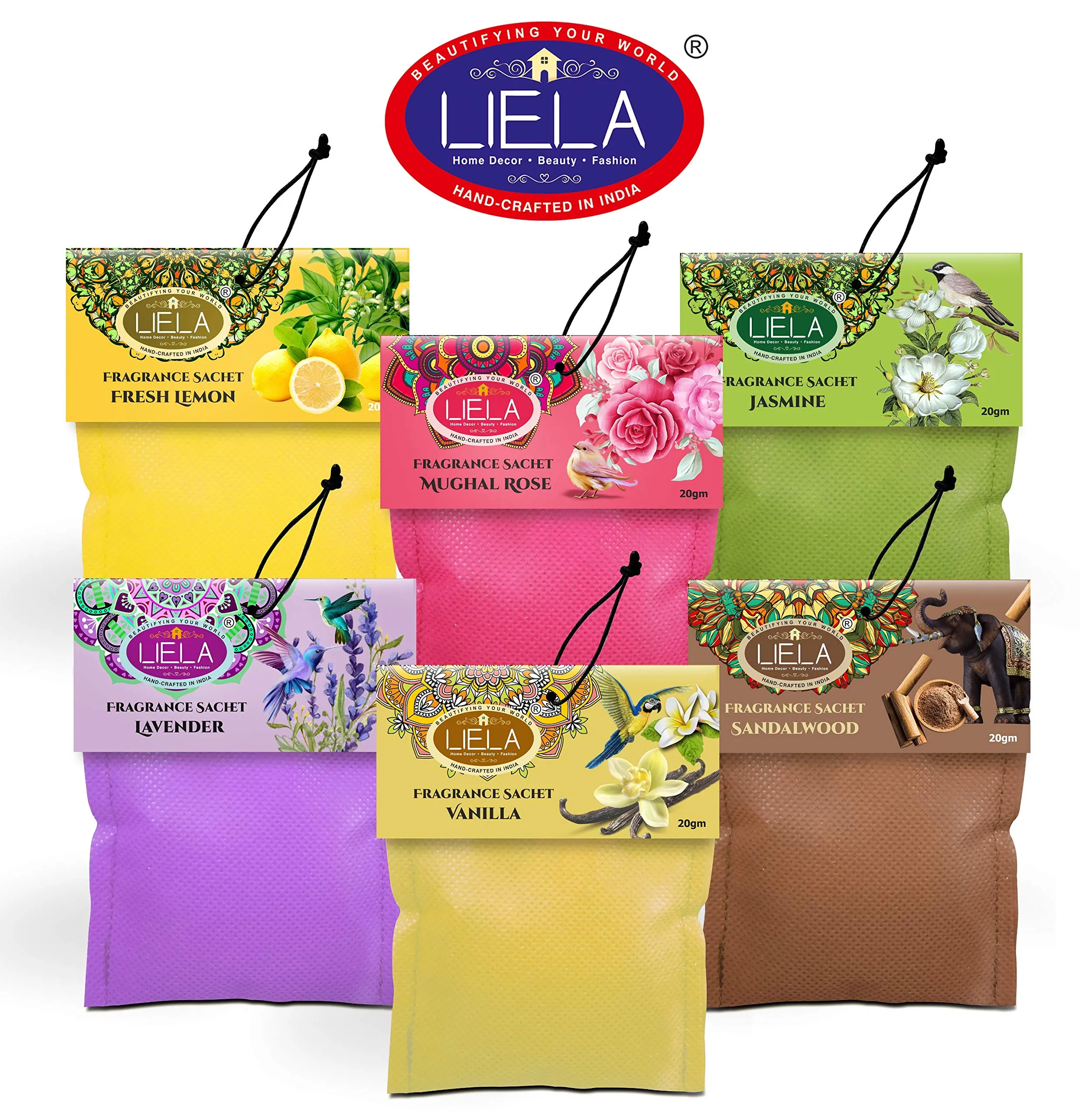 LIELA - Non Woven Natural Colored Fabric Sachets Set of 6 in Premium & Pure Fragrance Lavender, Sandal, Jasmine, Rose, Vanilla and Fresh Lemon