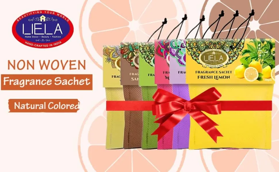 LIELA - Non Woven Natural Colored Fabric Sachets Set of 6 in Premium & Pure Fragrance Lavender, Sandal, Jasmine, Rose, Vanilla and Fresh Lemon