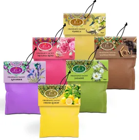 LIELA - Non Woven Natural Colored Fabric Sachets Set of 6 in Premium & Pure Fragrance Lavender, Sandal, Jasmine, Rose, Vanilla and Fresh Lemon