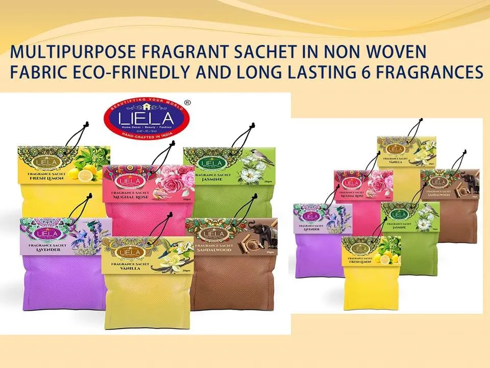 LIELA - Non Woven Natural Colored Fabric Sachets Set of 6 in Premium & Pure Fragrance Lavender, Sandal, Jasmine, Rose, Vanilla and Fresh Lemon