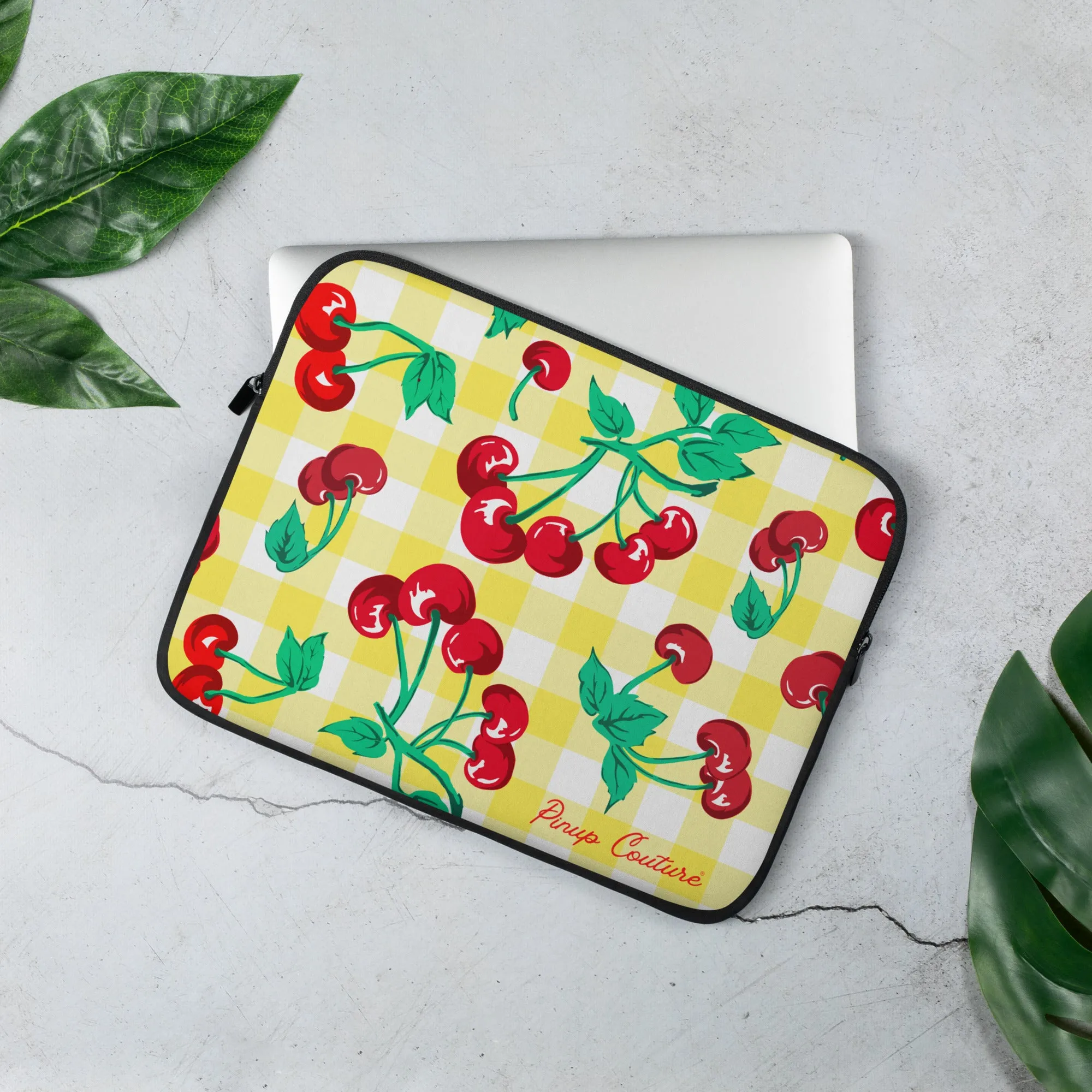 Lindy Yellow Gingham Cherries Vintage Print Laptop Sleeve | 2 Sizes | Pinup Couture Relaxed