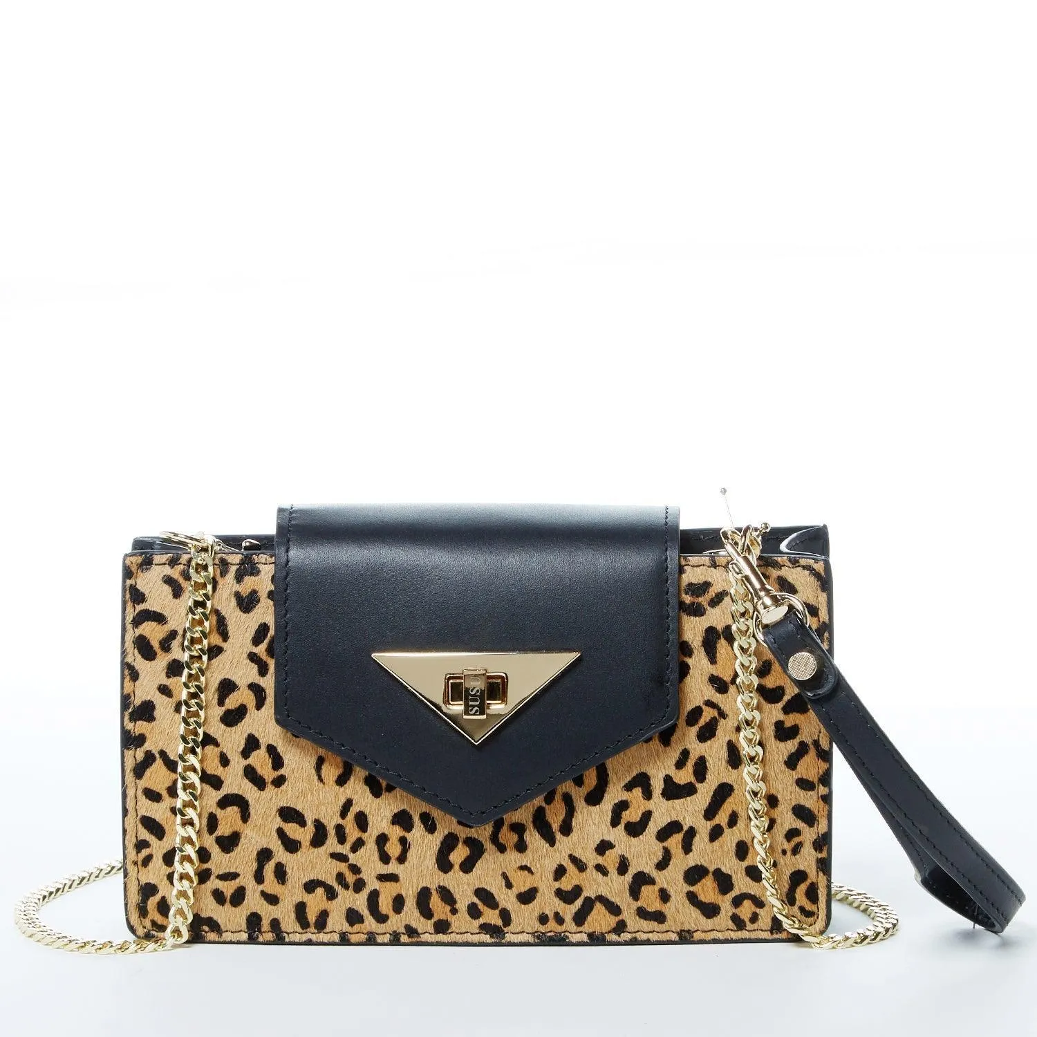 Mary Mini Crossbody Bag Black Leopard Leather Wristlet