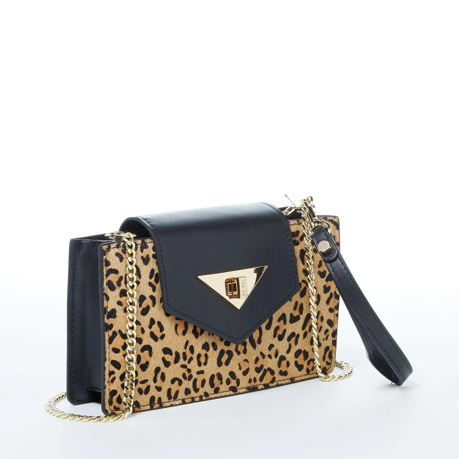 Mary Mini Crossbody Bag Black Leopard Leather Wristlet