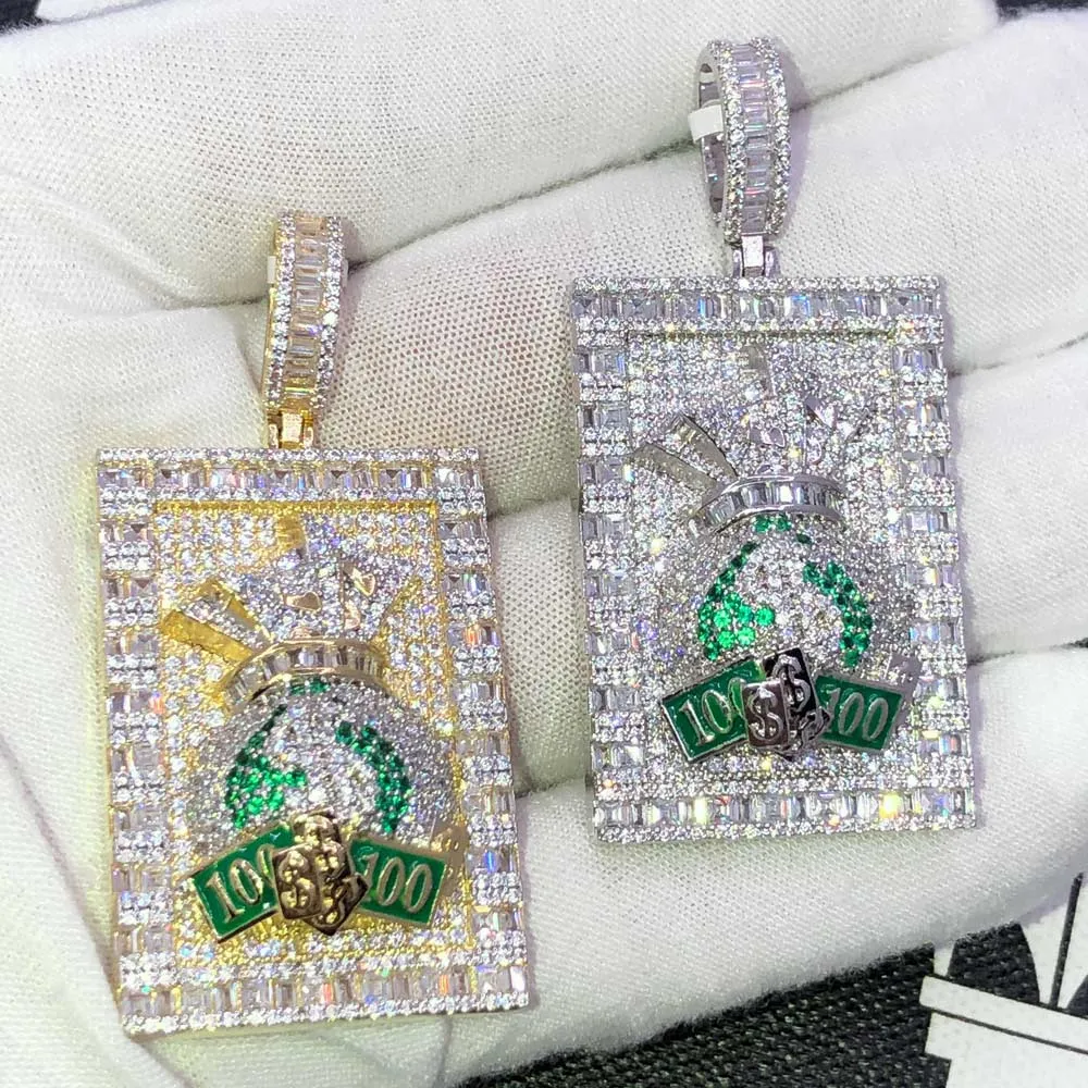 Money Bag Baguette Block VVS CZ Hip Hop Iced Out Pendant