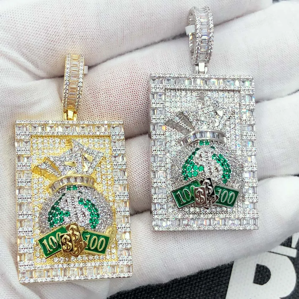 Money Bag Baguette Block VVS CZ Hip Hop Iced Out Pendant