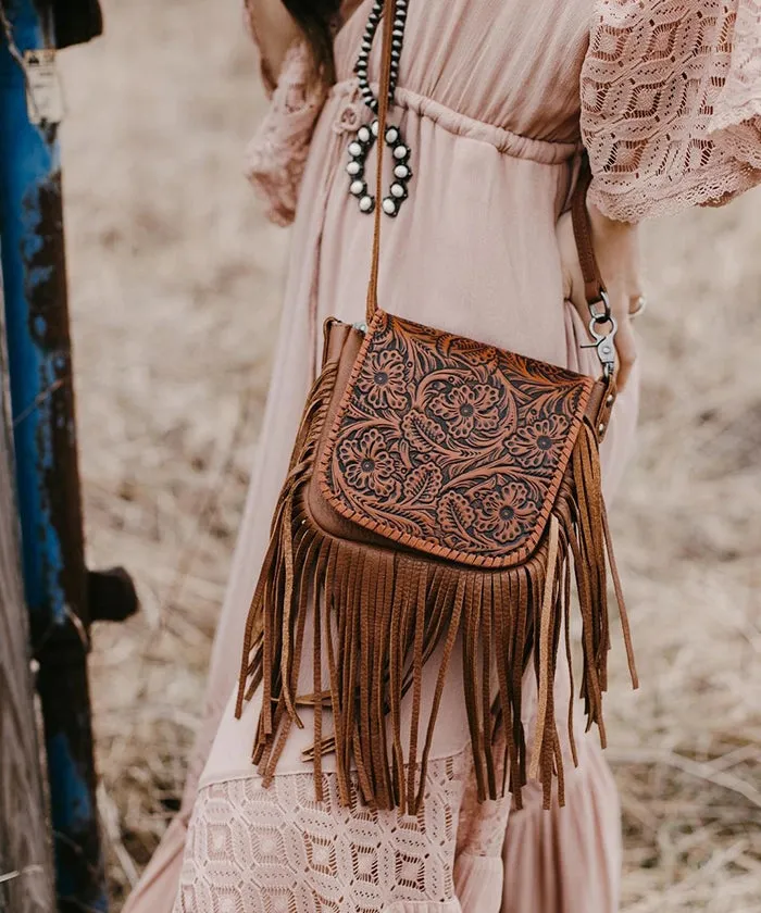 Montana West Genuine Leather Floral Fringe Crossbody