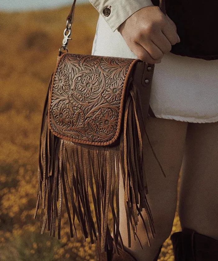 Montana West Genuine Leather Floral Fringe Crossbody