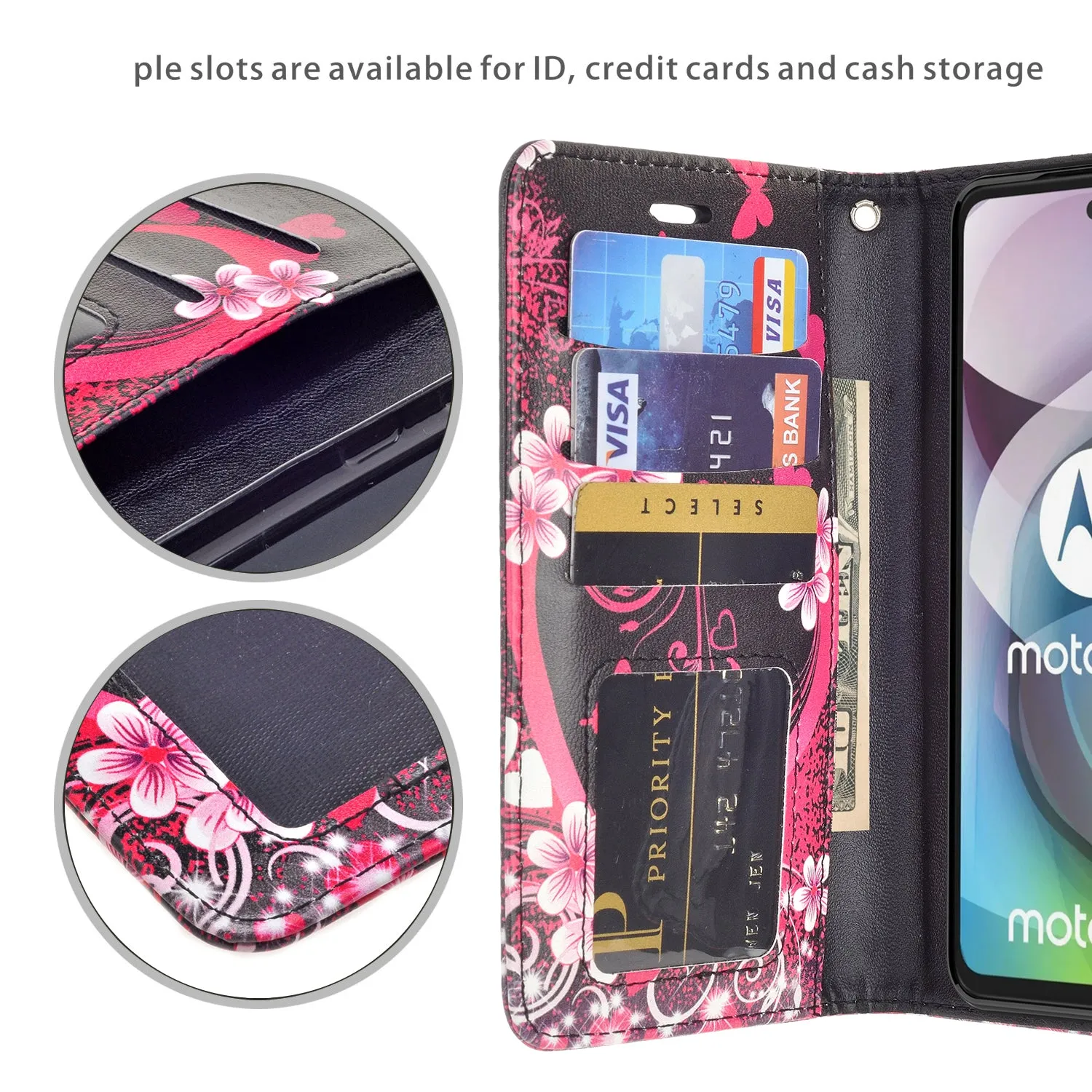 Motorola one 5G ace Case, Motorola one 5G ace Wallet Case, Wrist Strap Pu Leather Wallet Case [Kickstand] with ID & Credit Card Slots - Heart Butterflies