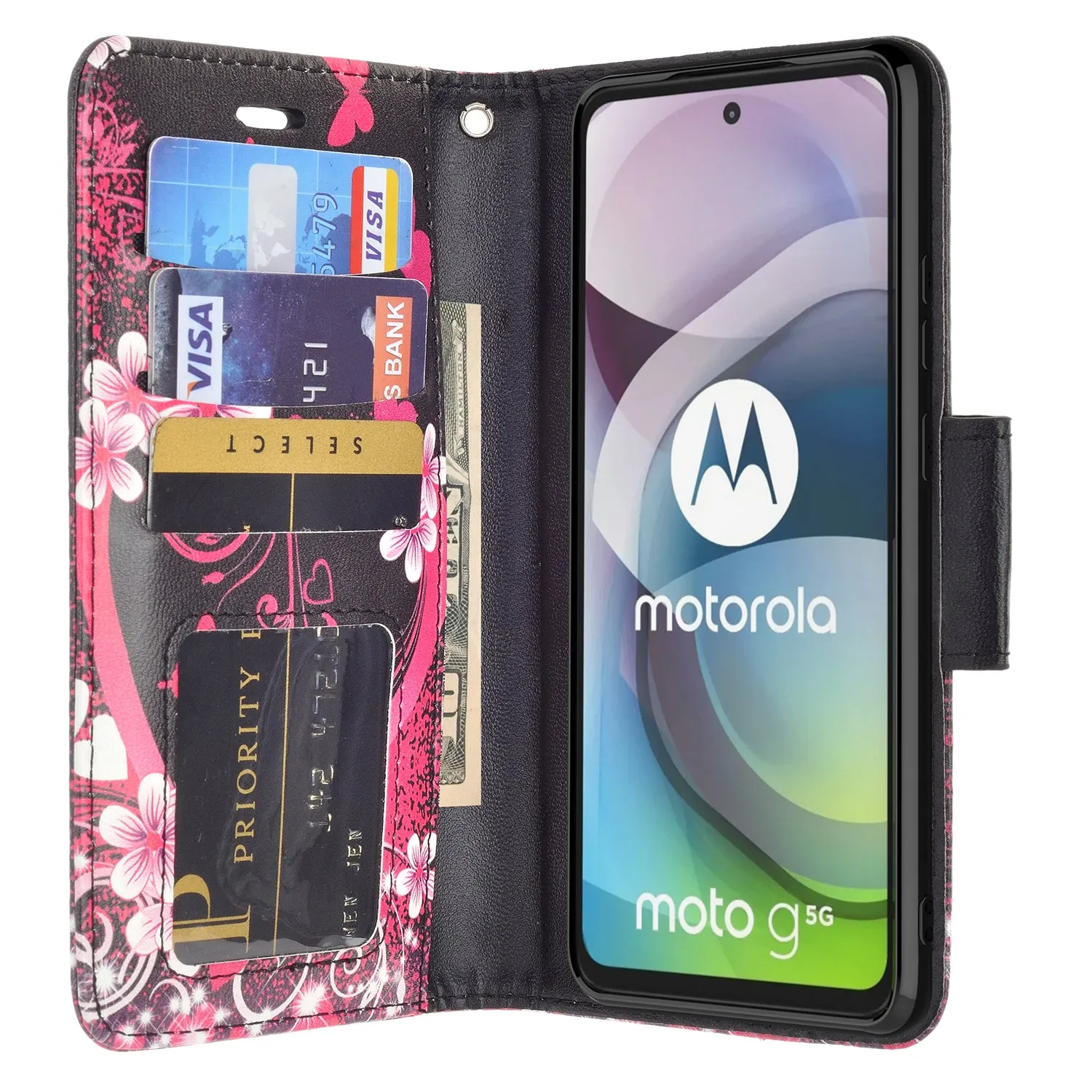 Motorola one 5G ace Case, Motorola one 5G ace Wallet Case, Wrist Strap Pu Leather Wallet Case [Kickstand] with ID & Credit Card Slots - Heart Butterflies