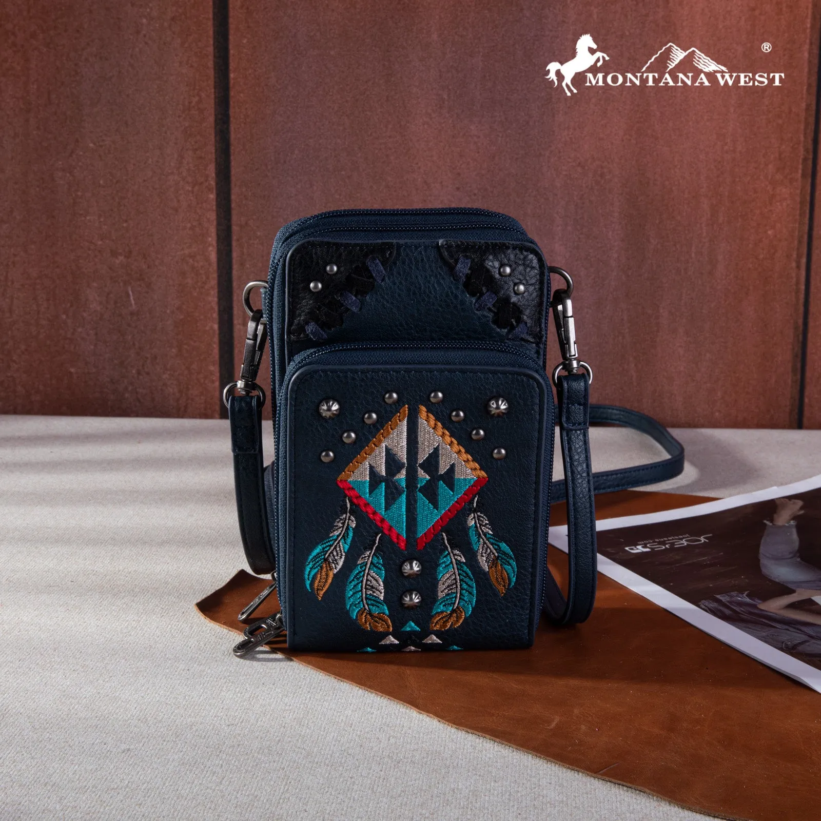 MW1246-183A  Montana West Embroidered Arrows Feathers Collection Phone Wallet/Crossbody