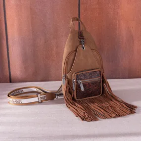 MW1276-S9110   Montana West Tooled Fringe Sling Bag -Brown