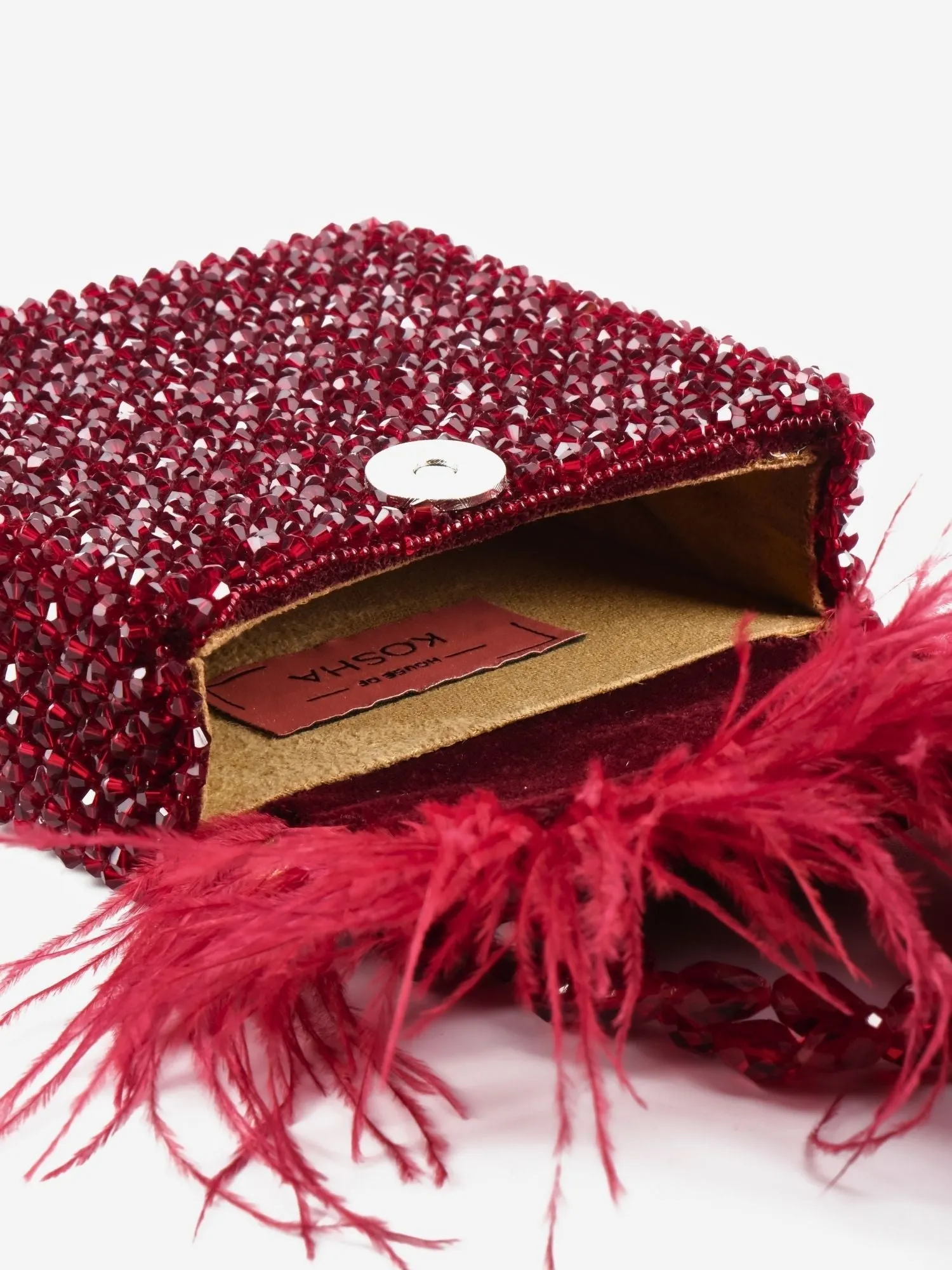 Natali Red Embellished Mini Bag With Feathers