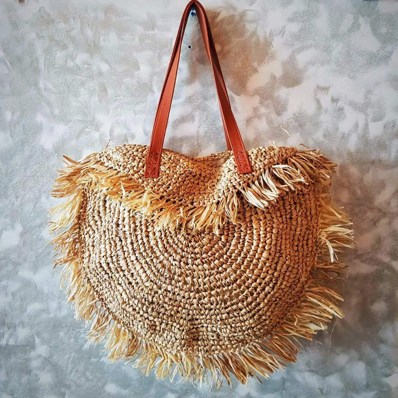 Natural Woven Straw Grass Half Round Bag with Leather Strap