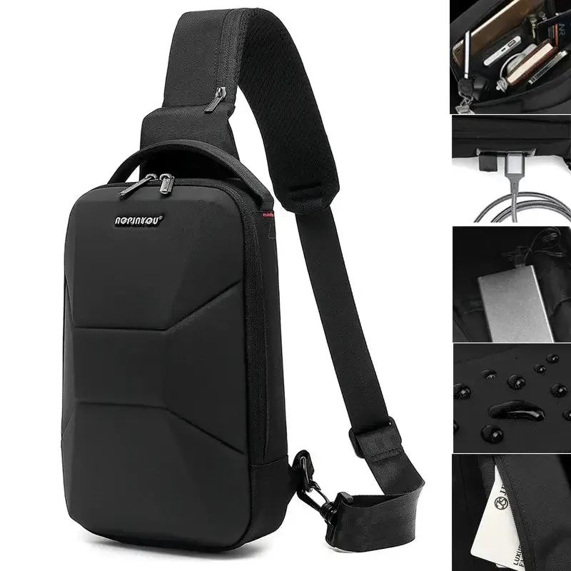 New Men's Motorcycle Design Chest Bag Waterproof Travel Messenger Bag With USB Port Lightweight Hard Shell Shoulder Bag For Male