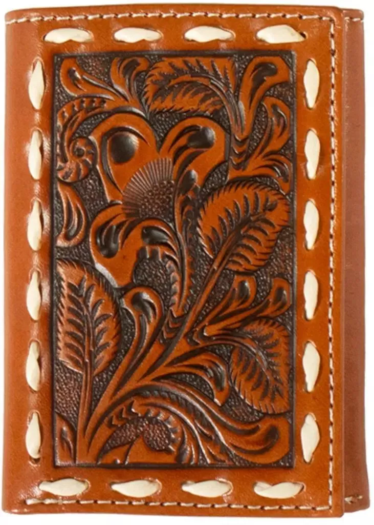 Nocona Western Men Trifold Wallet Leather Floral Buck Lace Stitch Tan N500045208