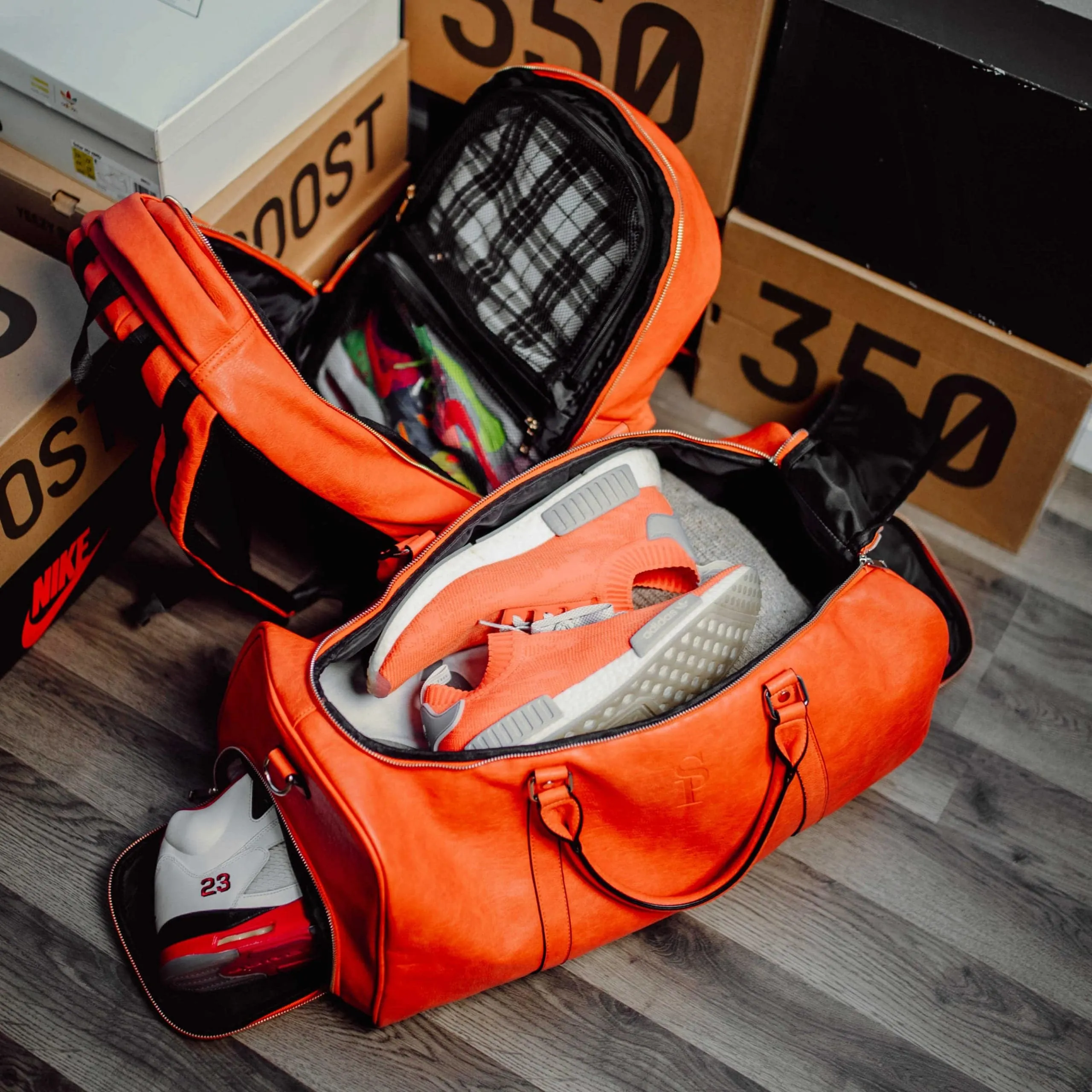 Orange Tumbled Leather 2 Bag Set (Commuter and Duffle)