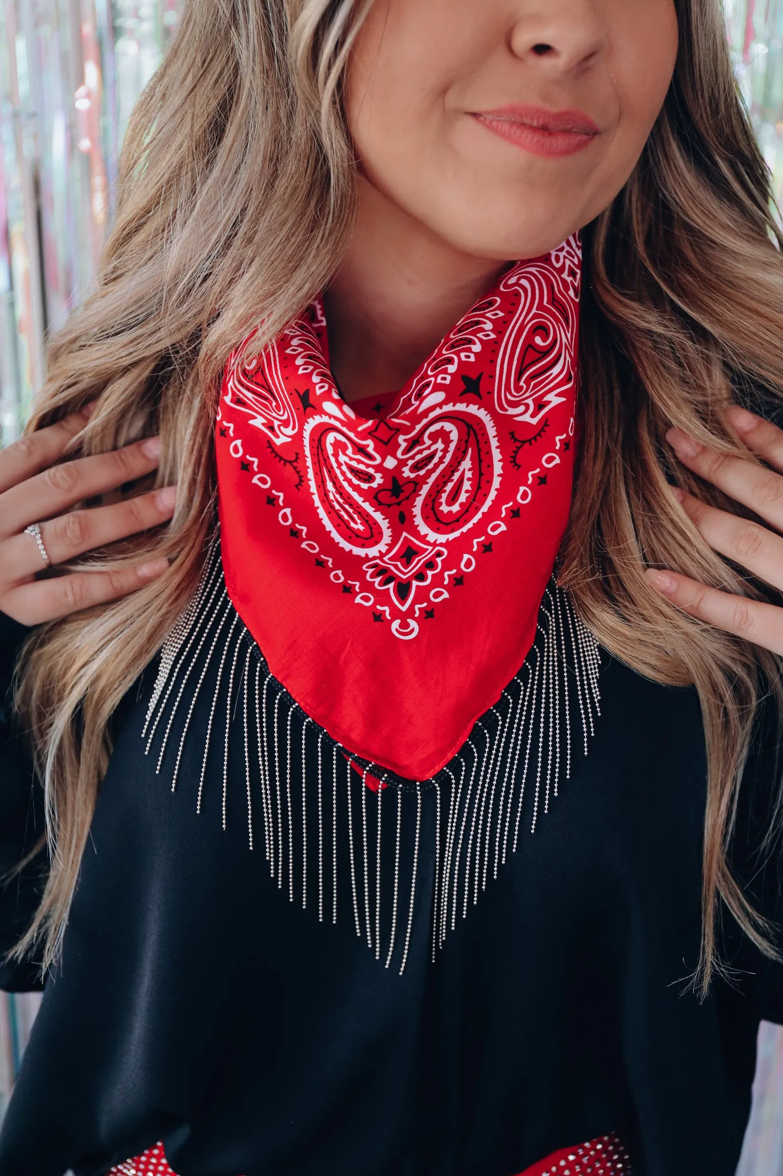 Paisley Bling Fringe Bandana - Red/Chain