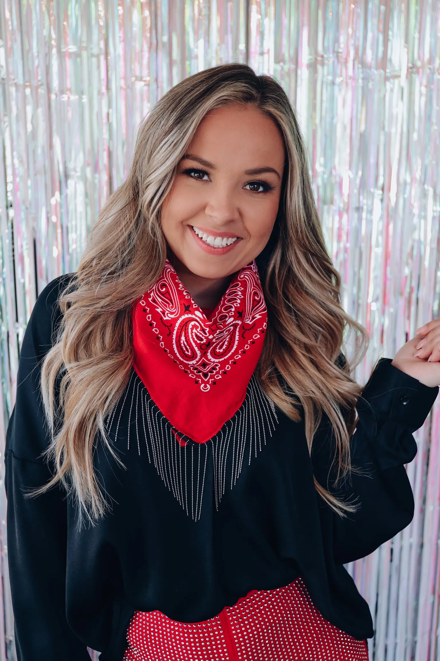 Paisley Bling Fringe Bandana - Red/Chain