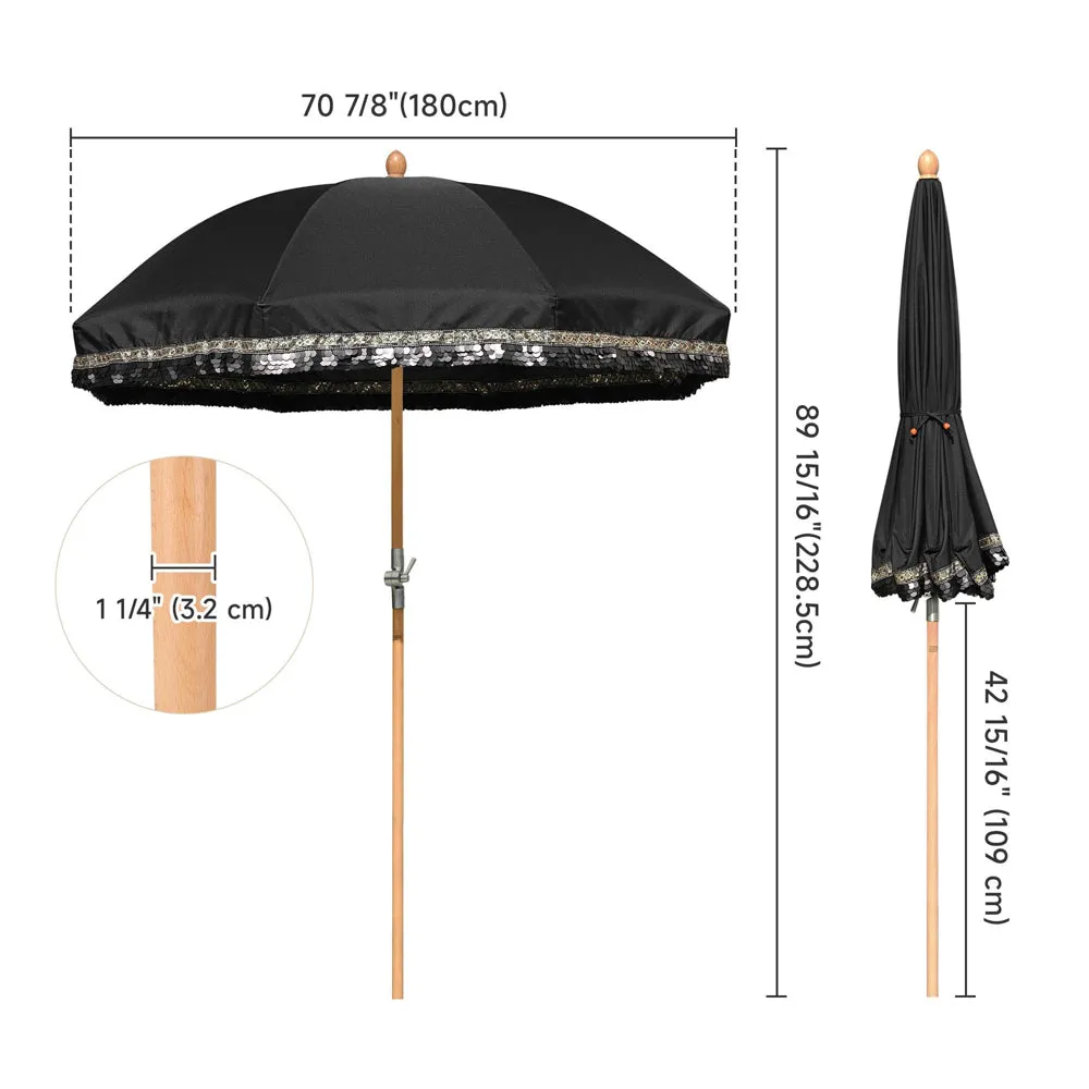 Patio Umbrella Tilt Wooden 6ft 8-Rib Black Sequin