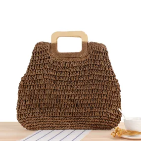 Paziye Large Capacity Straw Beach Tote Wooden Handle Handbag Handmade Woven