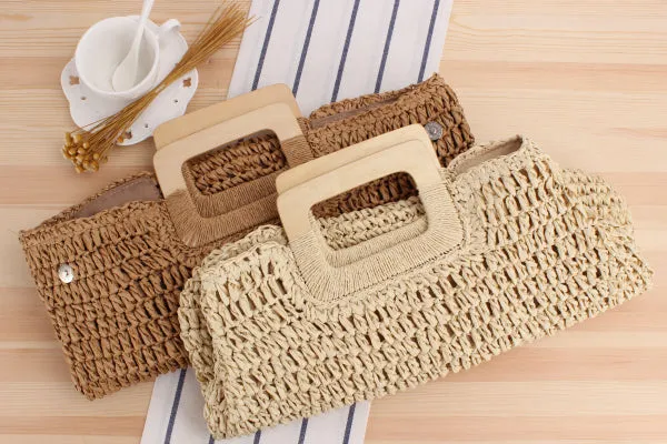 Paziye Large Capacity Straw Beach Tote Wooden Handle Handbag Handmade Woven